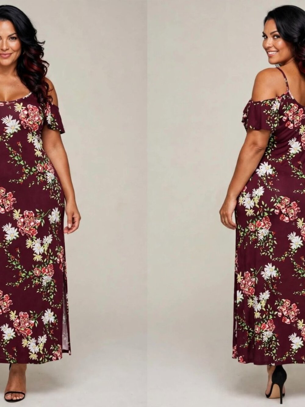 Grecerelle Maroon Floral Maxi Dress W/Cold Shoulders, Size 2XL